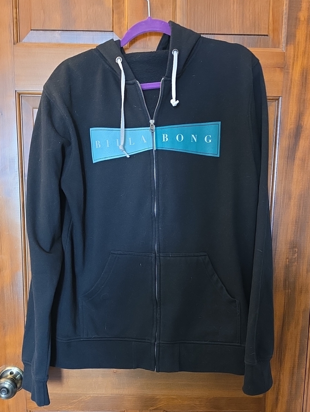 Billabong Men's Full Zip Hoodie Black Teal Logo Large GOOD CONDITION
